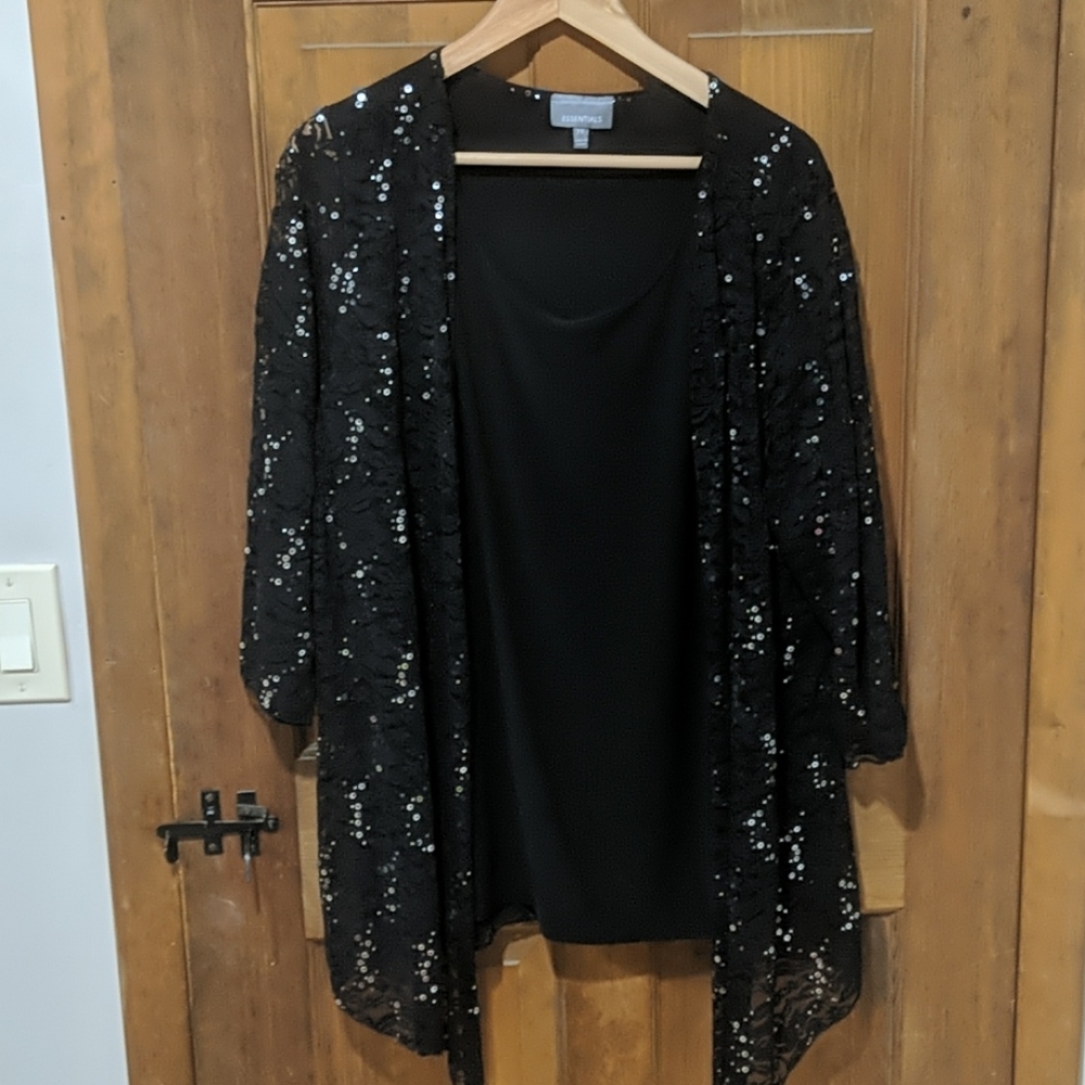 Black blouse with attached lace sequin cardigan